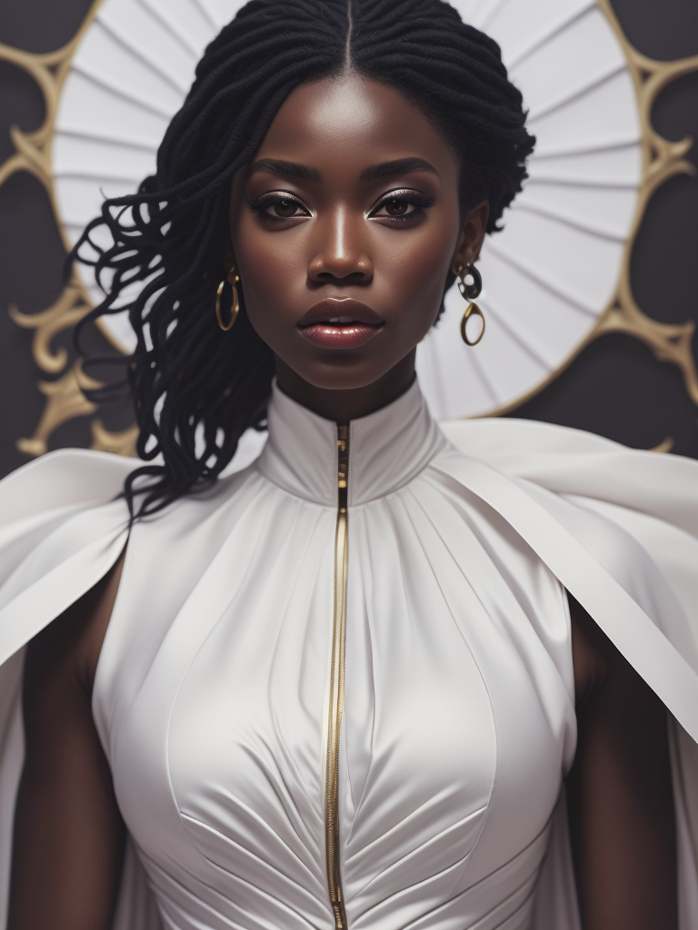 Portrait of a beautiful african american woman wearing a white wedding dress, by tran nguyen