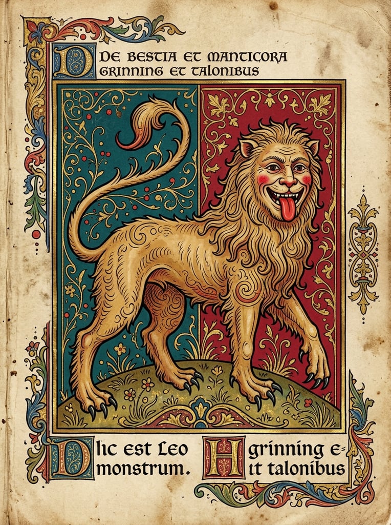 A medieval illuminated manuscript drawing of a tan, lion-like beast with a grinning human face, sticking-out red tongue, and rosy cheeks, featuring stylized wavy fur and sharp black talons against a flat, color-blocked backdrop of deep teal and crimson.