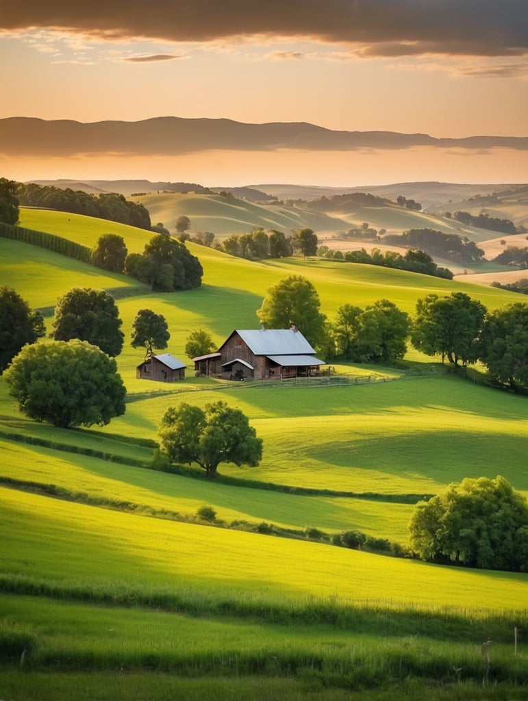 hirsute in the style of Quaint farm with rolling hills and grazing livestock