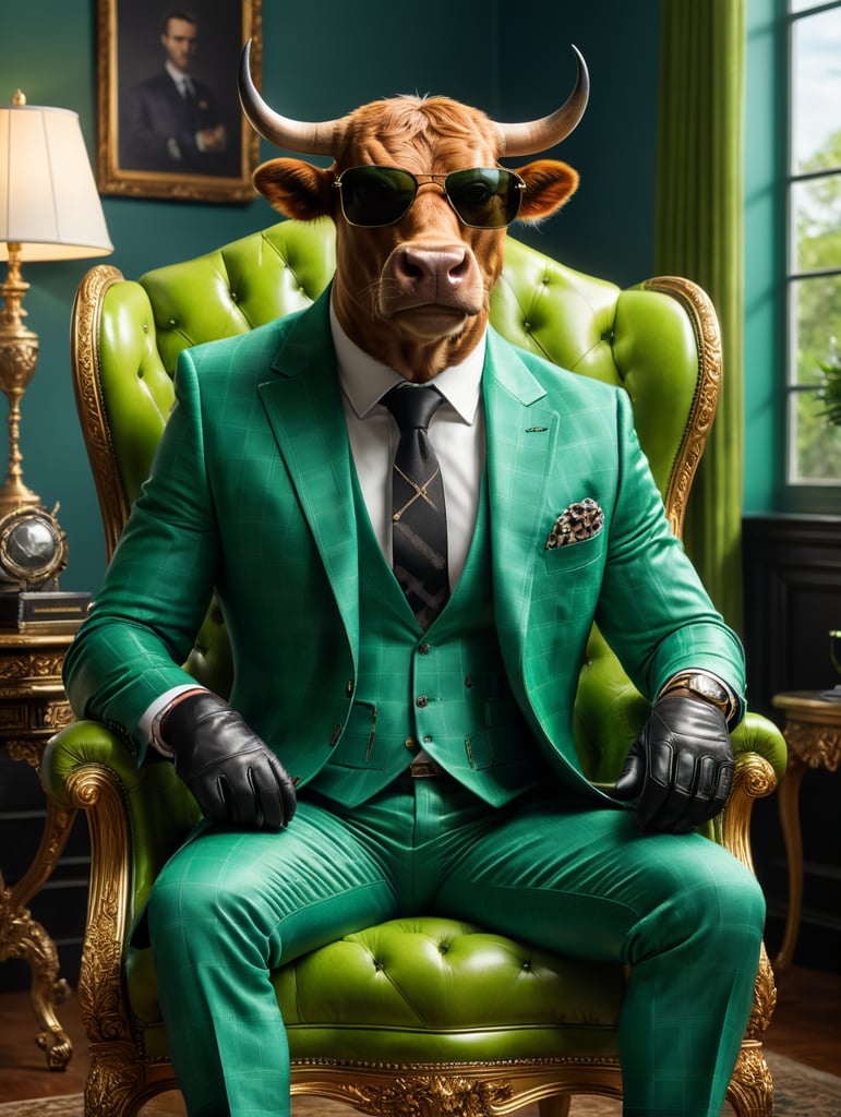 a sleek looking Bull, sitting on a tufted Blue velvet chair with, bright Green background, wearing an expensive 3 piece Green checkered suit, with very large dark sunglasses, hands in lap, full body with black shiny shoes, black leather gloves, black leather shoes, facing front, super crisp, photographic canon 80d, daylight, bold, fantastic