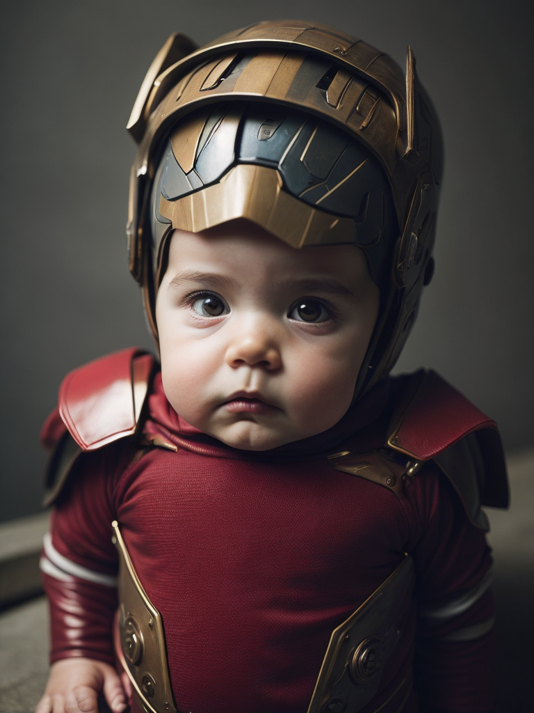 The adorable photo showcases a baby dressed in an iron man costume, capturing the essence of the iconic superhero. the little one is nestled comfortably in a red and gold onesie that mimics iron man's famous armor. the suit features meticulously crafted details, including the arc reactor on the chest and the intricate designs on the helmet. the baby's chubby cheeks and bright eyes give them an extra dose of cuteness as they gaze curiously at the camera, seemingly ready to take on the world.