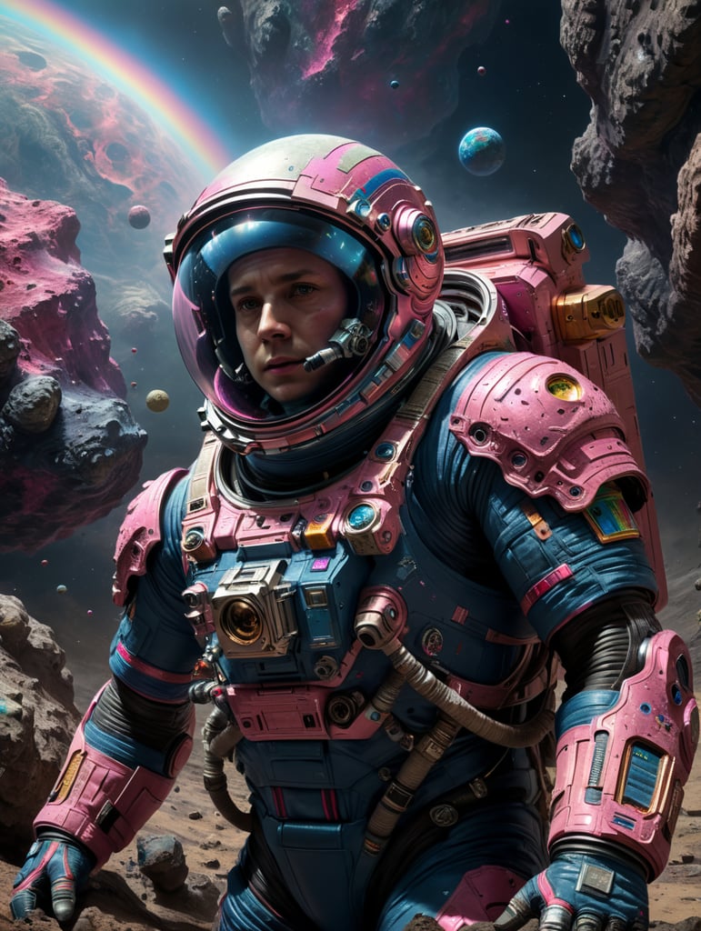 movie still, photo of an astronaut, Rainbow asteroid, light indigo, neon pink and dark beige, muted tones