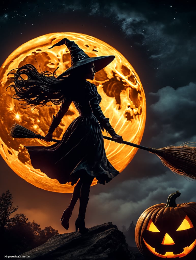 cene of pumpkins for Halloween, dramatic lighting at night, around the pumpkin, but in the night sky the silhouette of a witch flying on a broomstick, a bloody moon with the correct structure and stars. Depth of field.