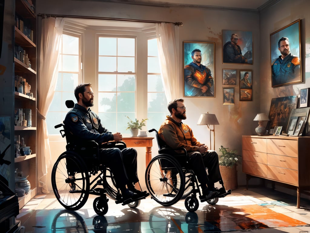 In a softly lit, cozy living room, a man sits in his wheelchair, a look of determination on his face. His wife stands beside him, her hand on his shoulder, radiating unwavering support and love. On the wall, a shelf holds numerous medals and awards, a testament to his strength. This one frame scene embodies resilience in adversity, showcasing the man's wheelchair struggle and the steadfast support of his loving wife.