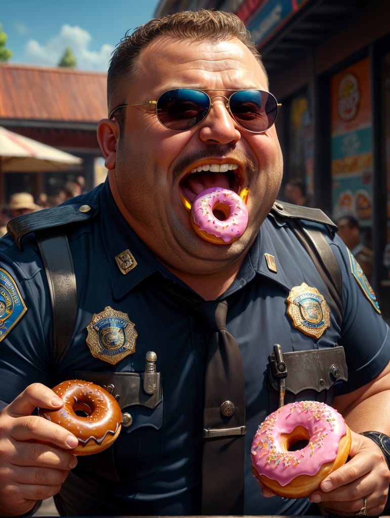 very fat cop eating a donut, happy, sunglasses, image, portrait