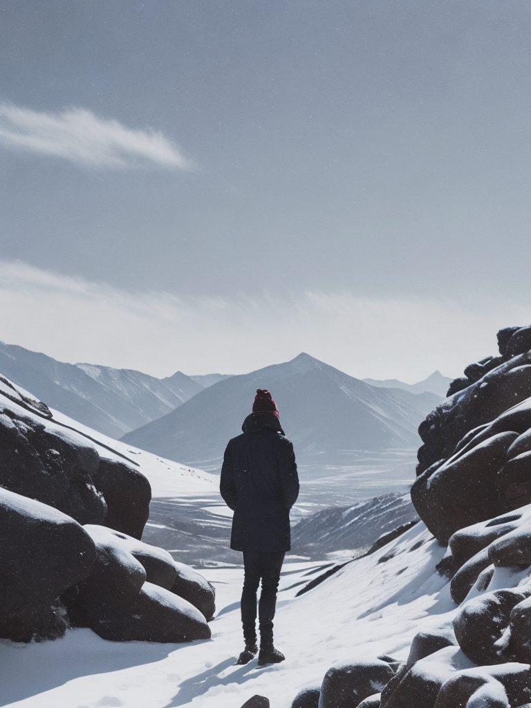 This artwork by George Wilson is a stunning drawing of a person standing in front of a snow-covered landscape of stones and sky.