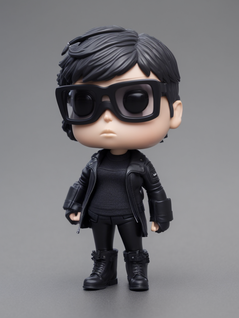 Full body Plastic figurine of a brutal chick, black glasses, leather jacket, black boots, 3d octane render, funko pop,