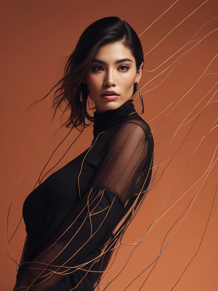 a fashion studio photo of a woman dressed in a black dress made of electrical wires, perfectly lit, solid orange background, Vivid saturated colors, Contrast color, studio photo, professional photo, Rich colors, Detailed image, detailed face