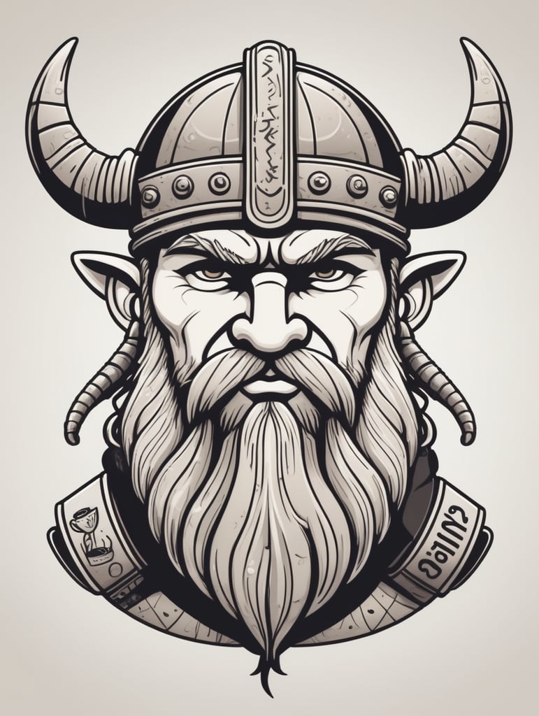 draw a single viking stylistic simple line character with cartoon style holding a shrimp and a mug of beer