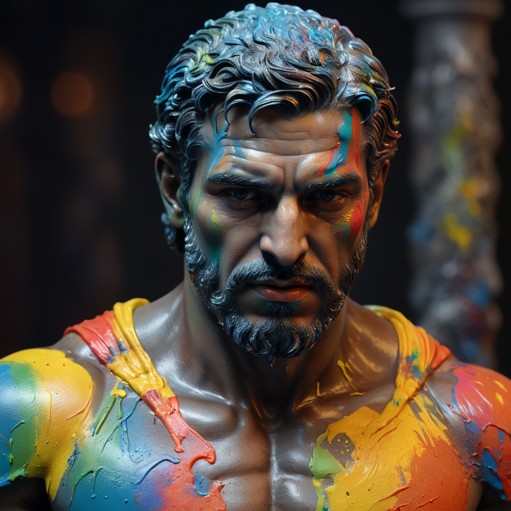 greek male bust with colorful paint, melted, the paint is flowing, aesthetic background