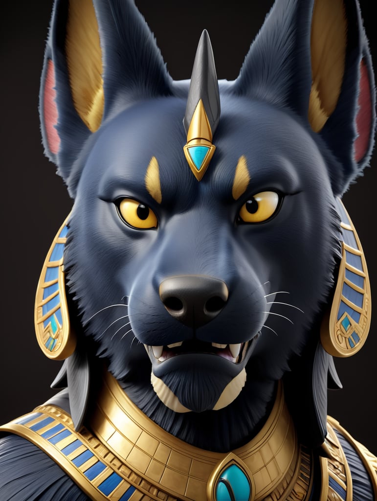 Egyptian god Anubis, portrait, hyper-realistic, dark style, focus on face, sharp on details, black background