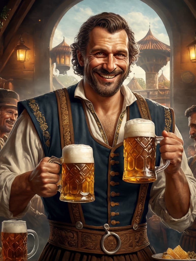 Bavarian man holding a mug of a beer, happy, traditional german costume, Oktoberfest, poster