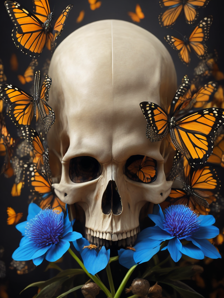 beautiful composition of a skull and monarch butterflies, rule of thirds, golden proportions, realistic art, anatomically correct, white skull with some orange butterflies, some blue flowers in the back, perfect composition, still life, high quality, front view creative, very colorful, very detailed, insane illumination, photography,