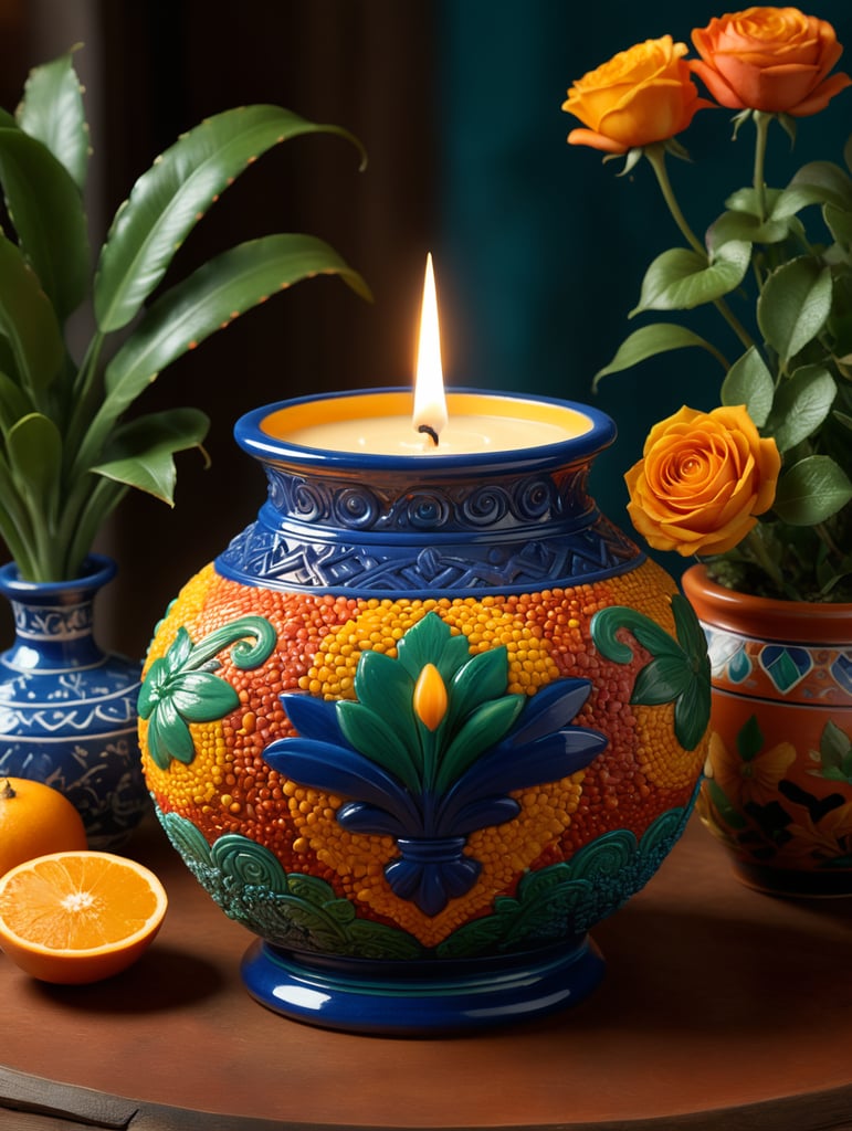 Create an image representing "Isabel's Arte Velas," a candle collection inspired by Mexican art and culture. Picture a candle displayed in a hand-painted vessel resembling Talavera pottery, adorned with intricate patterns in cobalt blues, saffron yellows, and emerald greens. The vessel exudes the warmth of sunlit terracotta, capturing the essence of ancient tales and the vibrant hues of Mexican heritage. Visualize a candle emitting a soft, flickering glow, set against a backdrop evoking the richness of Mexican artistry. Surrounding the candle are motifs reminiscent of Huichol beadwork, weaving a tapestry of cultural fusion. Imagine a garden of scents, with rose-scented candles mingling with the aroma of celestial cinnamon, infusing the air with a captivating symphony of fragrance. Capture the elegance and luxury of Isabel's Arte Velas, where tradition meets innovation. The image should convey a harmonious blend of Mexican influence and sophisticated artistry, paying homage to the legacy of a grandmother and