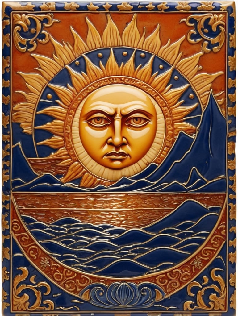 Square ceramic glazed tile with medieval art angry sun, Azulejo