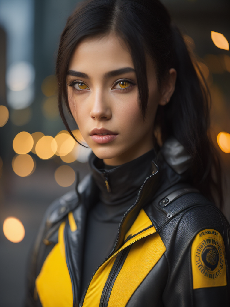 (masterpiece:1.2), (best quality:1.2), (ultra highres:1.2) ,(8k resolution:1.2), Cyberpunk, mechanical girl, black hair, yellow eyes, petite, cute, dog action, thin, black and yellow color,