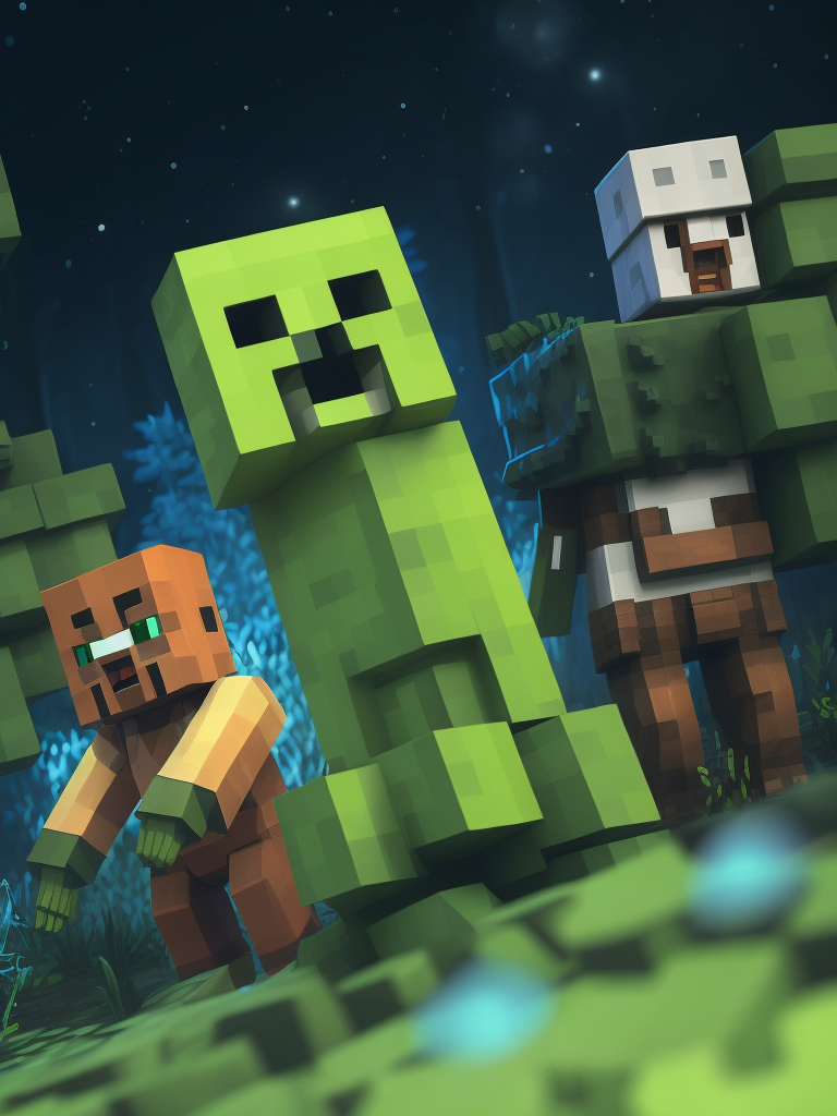 Minecraft character creeper in the night forest, pixel style, blocks, vibrant colors, clear details