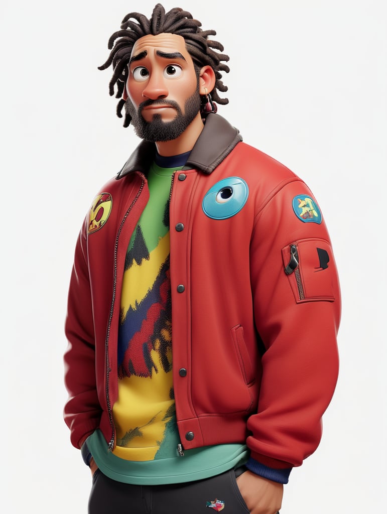 a man with dreadlocks on his head is wearing a colored jersey and a red bomber jacket