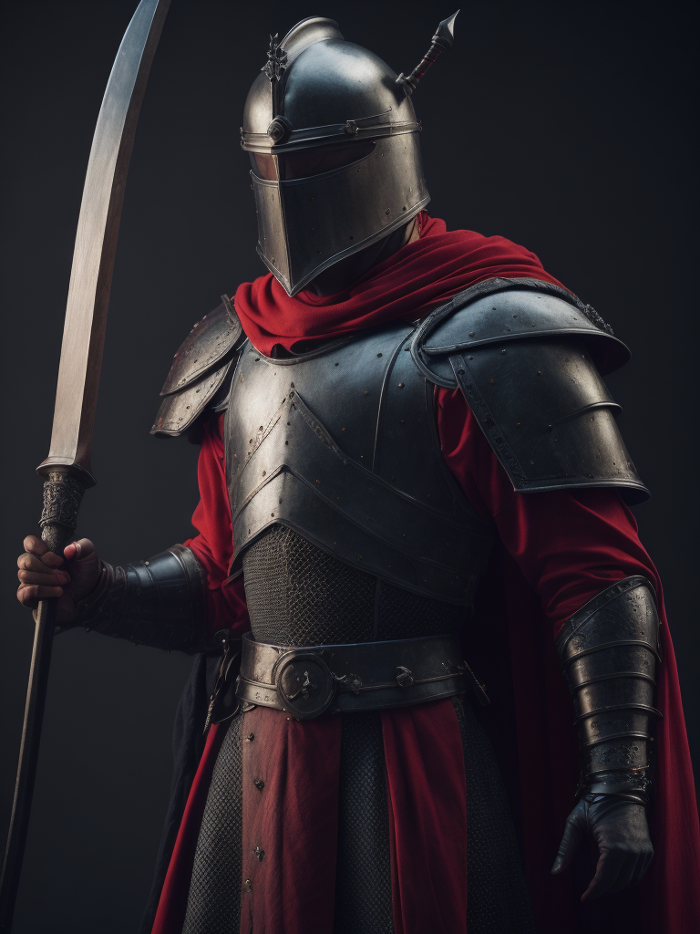 medieval knight holding a large sword, dramatic light, red