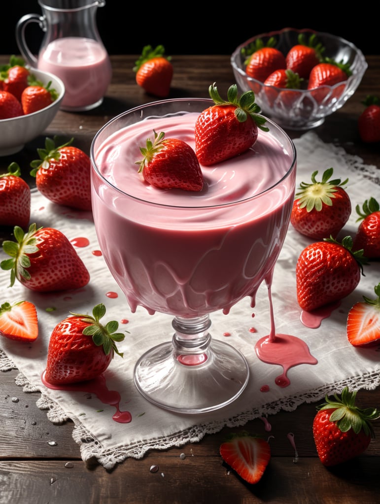 strawberry yogurt splash coming out of glass placed on a tablecloth on a wooden table