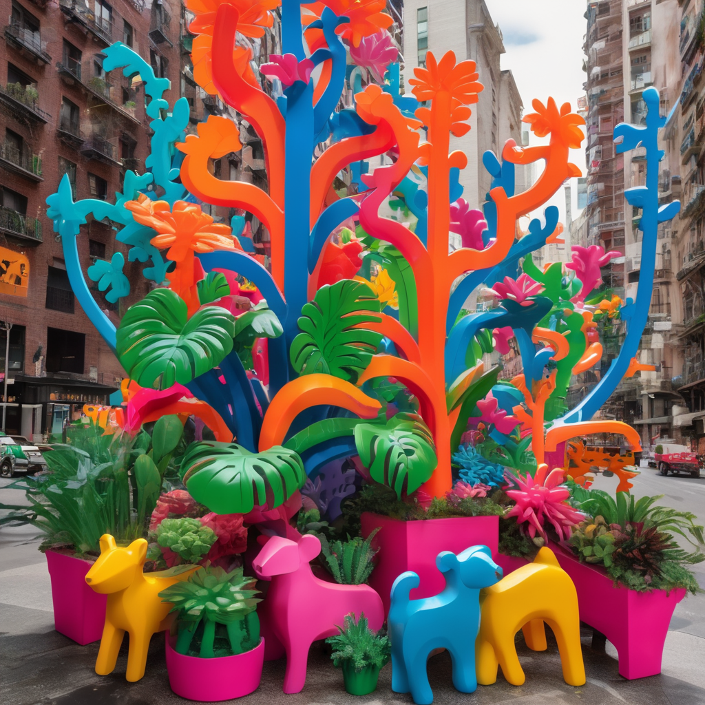 juguetes de acrílico gigantes de plantas de colores vibrantes inspirados en Keith Haring en medio de una ciudad caótica