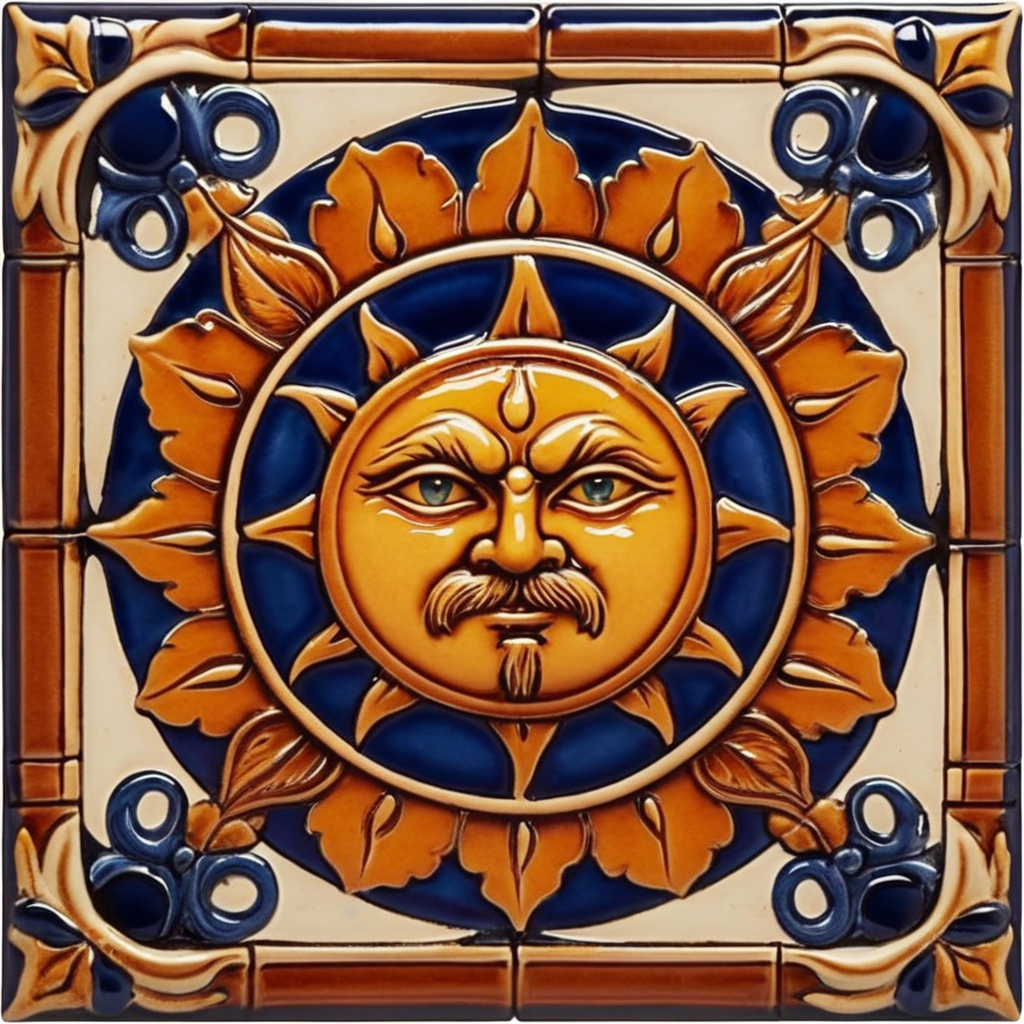 Square ceramic glazed tile with medieval art angry sun, Azulejo