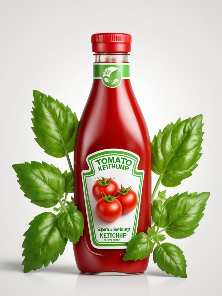 tomato ketchup bottle, red tomato with green leaves, isolated, white background