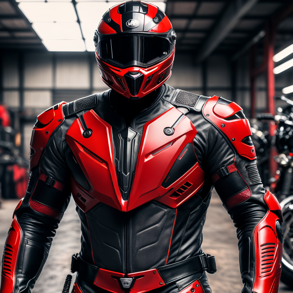 Made a post image for Instagram posting representing Motorbike garments Manufacturing company. With the color combination of Red and charcoal black. Mention the company name "which is Trends MFG Co."