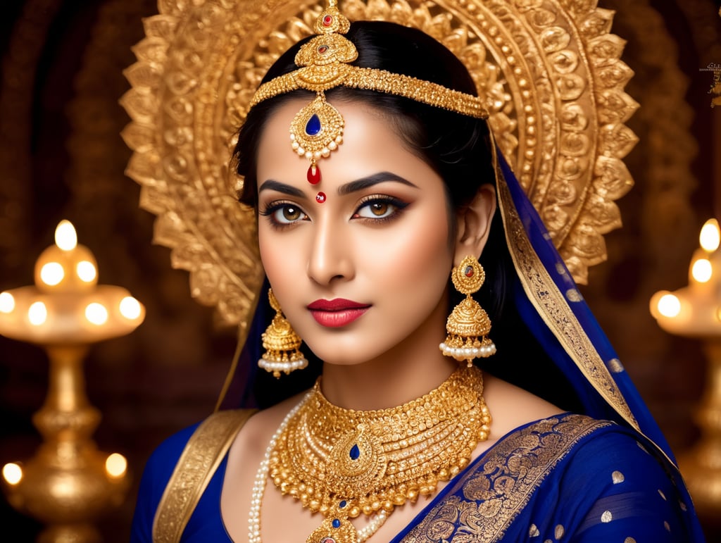 A Grande Deusa Durga é dita ser requintadamente bela. Sua imagem é extremamente brilhante, com três olhos como lótus. Em alguns contos, possui 8 mãos, em outros, 10, 12 ou até mais. Possui cabelos exuberantes com formosos anelados, uma pele vermelha-dourada brilhante e um quarto crescente em sua testa. Usa um brilhante traje azul-marinho que emite raios. Seus ornamentos são lindamente esculpidos em ouro, cravejados de pérolas e pedras preciosas. Cada deus também lhe deu a sua arma mais poderosa: o tridente de Rudra, o chacram de Vishnu, o raio de Indra, o kamandal de Brahma, o gada de Vishnu etc.
