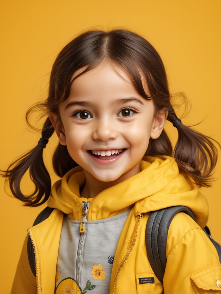 photo happy little girl going to travel, cute girl, dressed in all yellow, yellow background, harpers bizarre, cover, headshot, hyper realistic