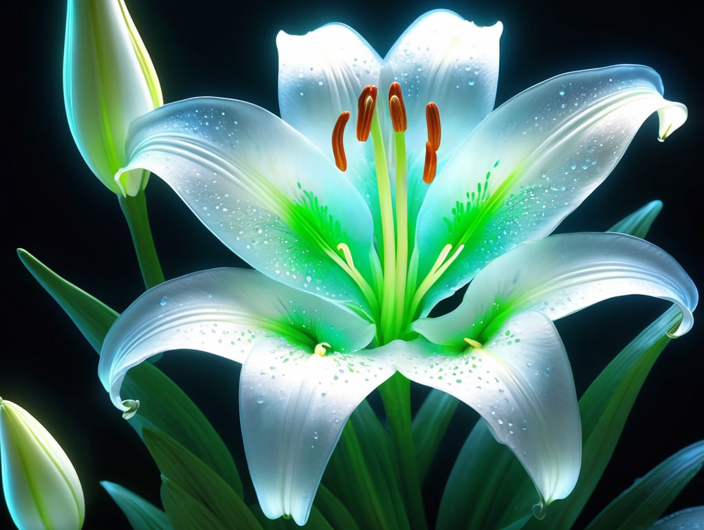 bioluminescent white flower Lily, hyper detailed rendering, 4k, magic light, neon watercolours