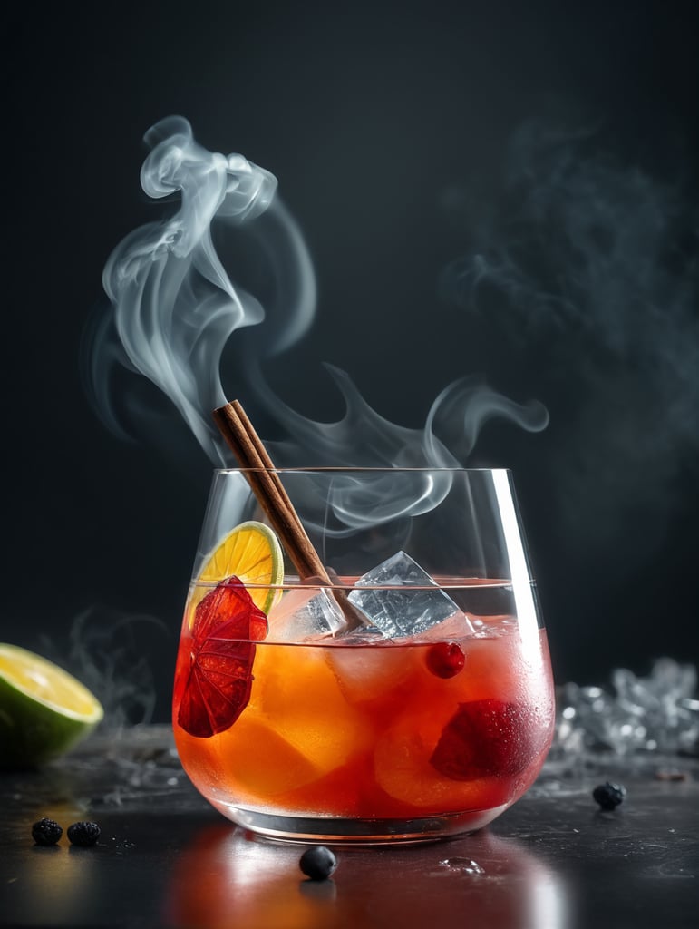 gin cocktail with a dried slice of fruit, smoke, professional food photography, depth of field,