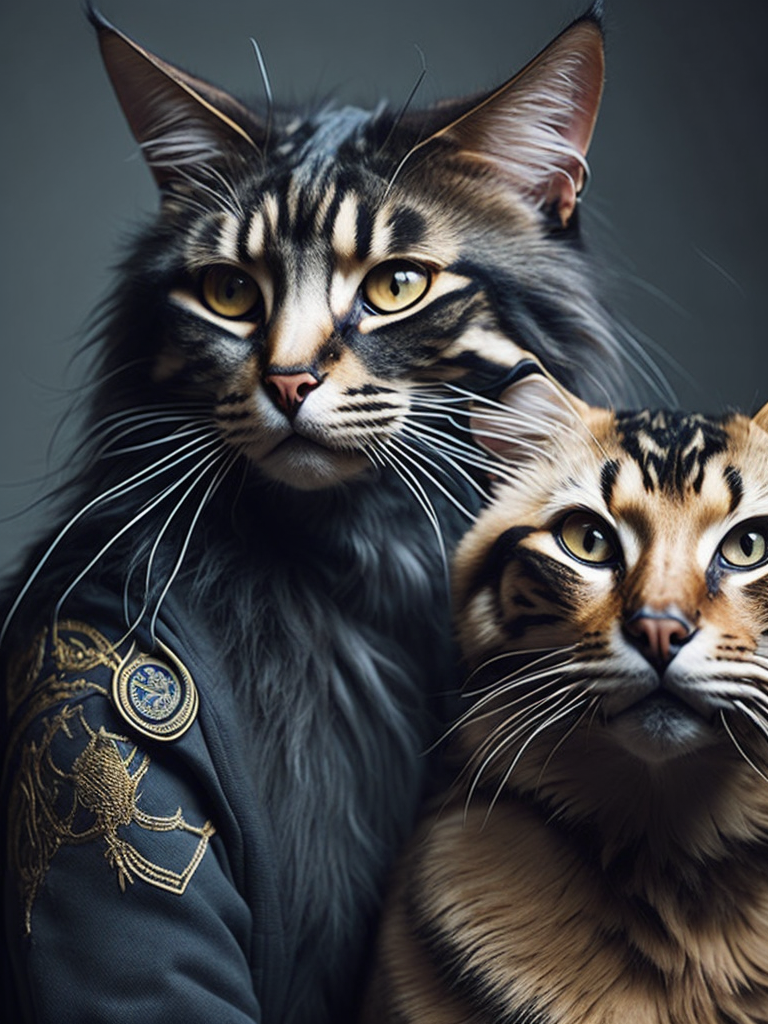 Portrait of a ultraman and a mainecoon cat wearing black coated arabic fashion with gold crown in Renaissance ottoman heritage, hyper realistic, ultra detailed photograph.