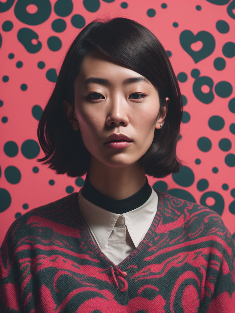 female face, colorful pattern, swollen , and a pink sweater, in the style of dan matutina, dreamy atmosphere, ina wong, lighthearted, yayoi kusama, pensive poses, social media portraiture