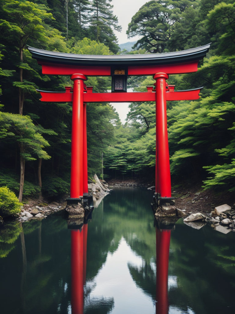 Red torii gate in middle of a lake, Dense forest on the edge of the lake, Bright and saturated colors, Japanese culture, photorealistic, contrast light