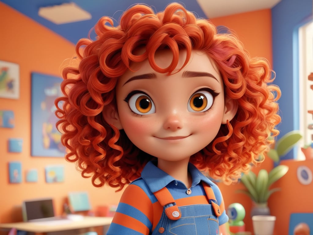 pixar image of a 22-years-old girl oval face with mix red and white color curly hair tying with band , wearing orange shirt and a blue jeans , doing graphic designing in a beautiful and colorful room