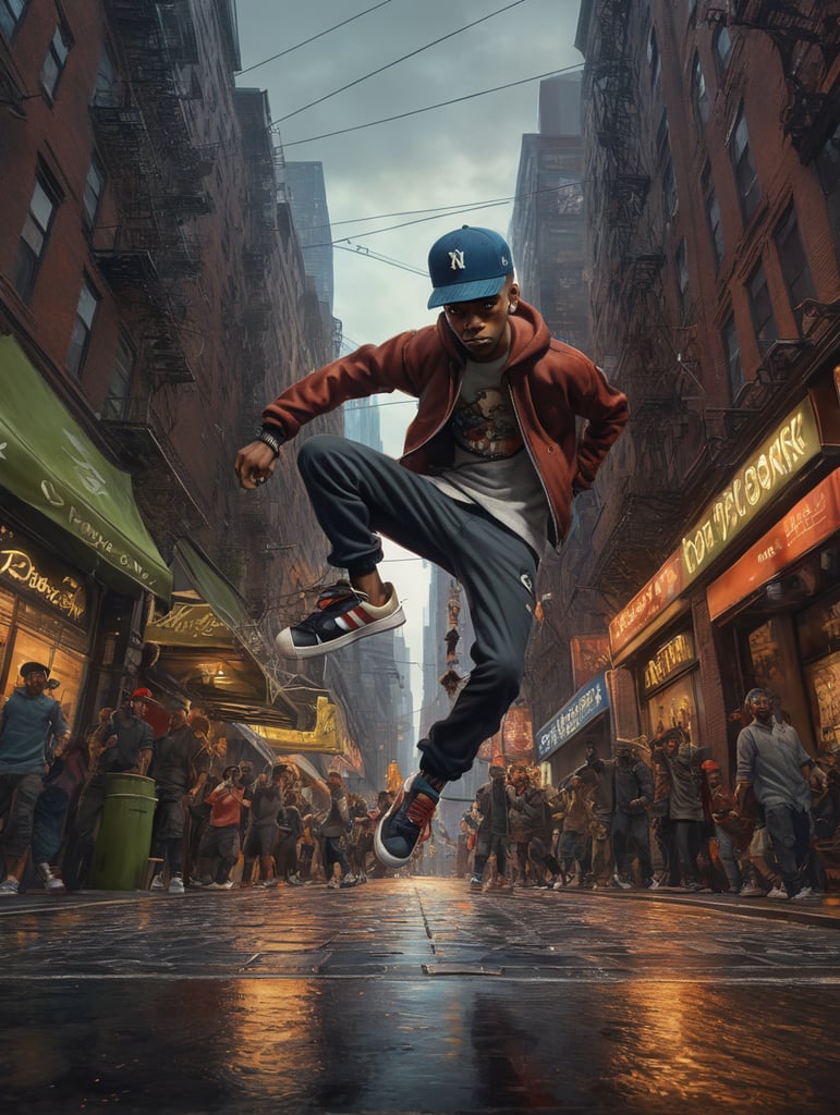 2-d from Gorillaz break dancing in a new york city street