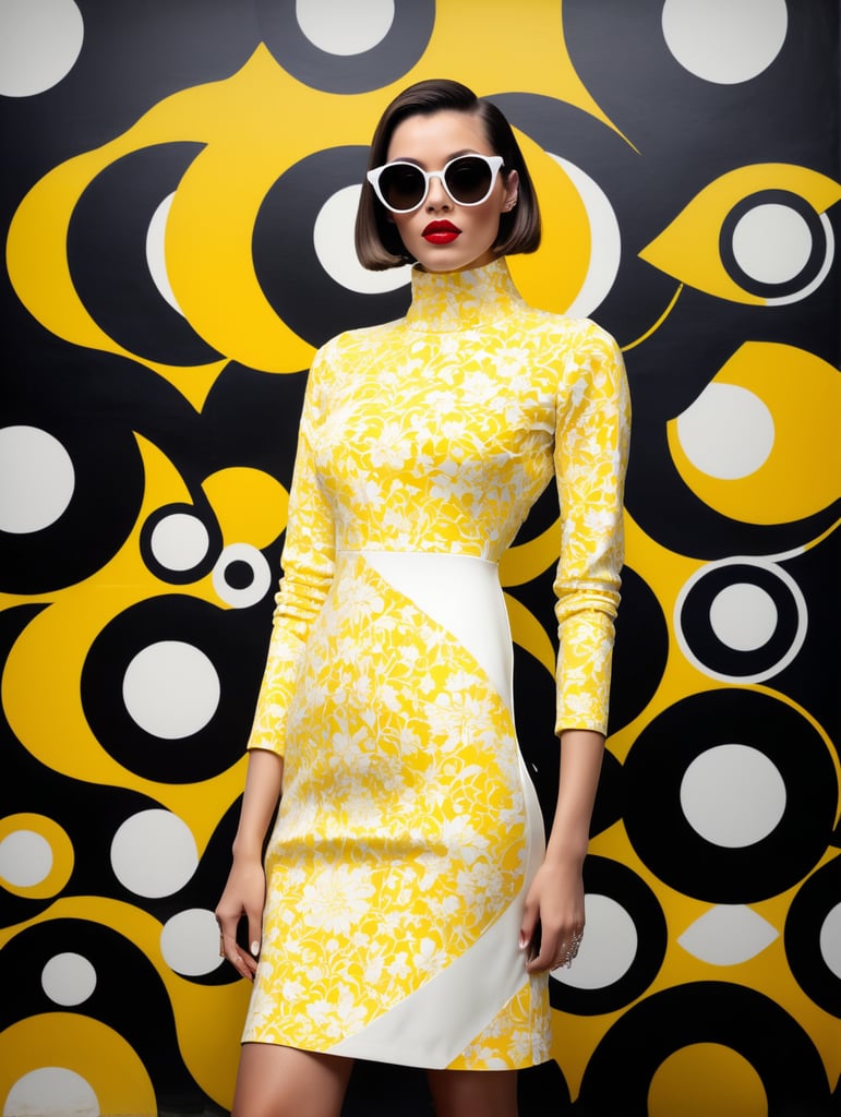 Front profile full body photography, in front of black wall, a hip hop 80's british model woman with 50's haircut, in a yellow and white turtleneck dress and large sunglasses, 80 degree view, art by sergio lopez, natalie shau, james jean and salvador dali