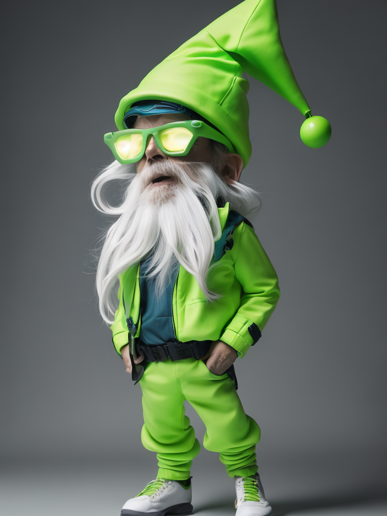 a gnome from fairytale 76 years old wearing a neon green helmet dressed in athletic clothing and glasses, in the style of futuristic glam, retro futurism, neon green clothing, glasses without color, clear glass, long white hair, teal background, mike campau, anton fadeev, high gloss, mono-ha