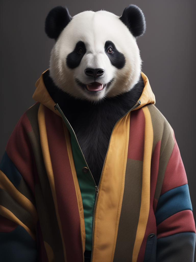 Portrait of a panda dressed in a colorful oversized jacket, Vivid saturated colors, Contrast color, studio photo, professional photo, Rich colors, Detailed image, detailed face