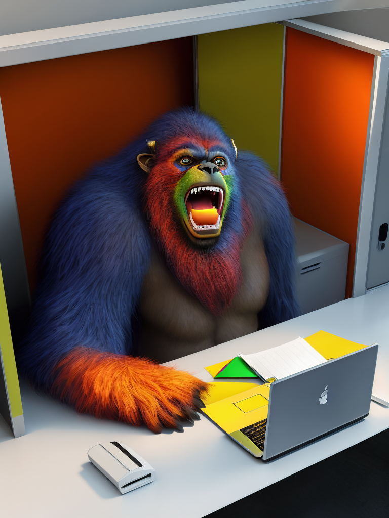 bigfoot in a cubicle working at an office job , hyper-realistic, hyper-sharp, hyper-colorful, hyper-vivid