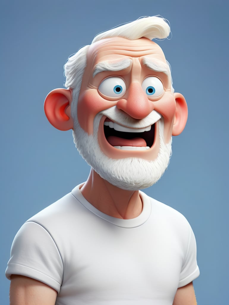 A middle-aged albino man wearing a white T-shirt, isolated, blue background, mockup, mock up