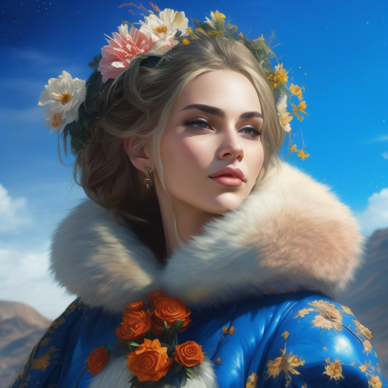 the girl is a smilling smile model, standing tall, dressed in a fur coat, a colorful fur coat, flowers are depicted on the fur coat, a scarf on her head, an elegant pose, blue sky, summer, smears of oil paint, muted color, grain, Joe Madureira's Masterpiece inspired by Magali Villeneuve, Ann Stokes, Luis Royo and WLOP, 8k Ultra HD. --s 250