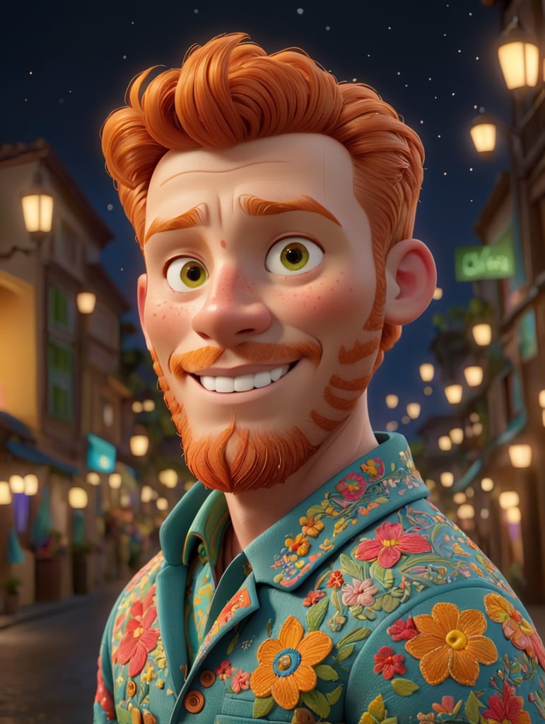 Beautiful ginger man with freckles, wearing a colorful, vibrant, detailed embroidered jacket, medium-full shot, at night