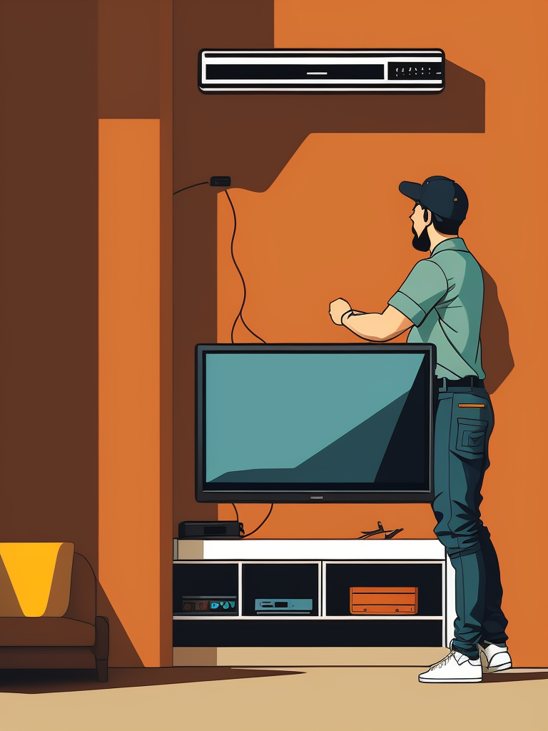 Minimalistic line art, a repair man installing a tv to a wall in a home, 2d, flat colors, shadowless
