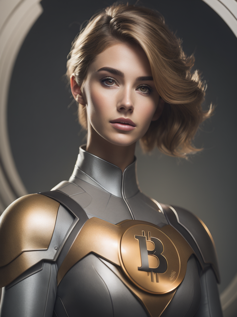 woman superhero with a Bitcoin coin head