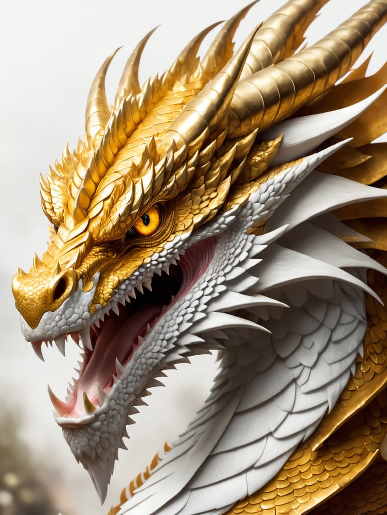 Ferocious golden dragon with white wingscales and golden eyes with long snout