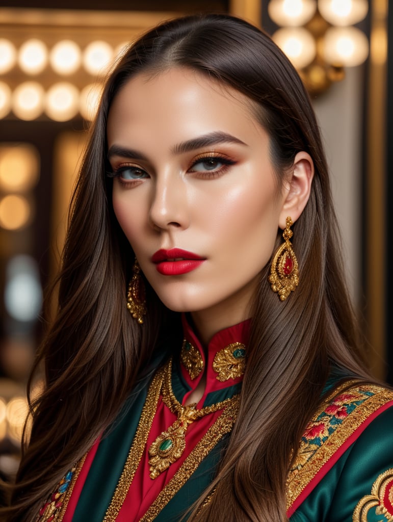 retrato de mujer muy atractiva con estilo extravagante, cabello largo lacio, ropa Gucci, dolce & Gabbana o versace, maquillaje cargado, gran detalle, textura, colores saturados, elegante, Vogue, revista de moda, enfoque nítido, maquillaje expresivo y brillante, luz dramática, profundidad de campo, fondo desenfocado