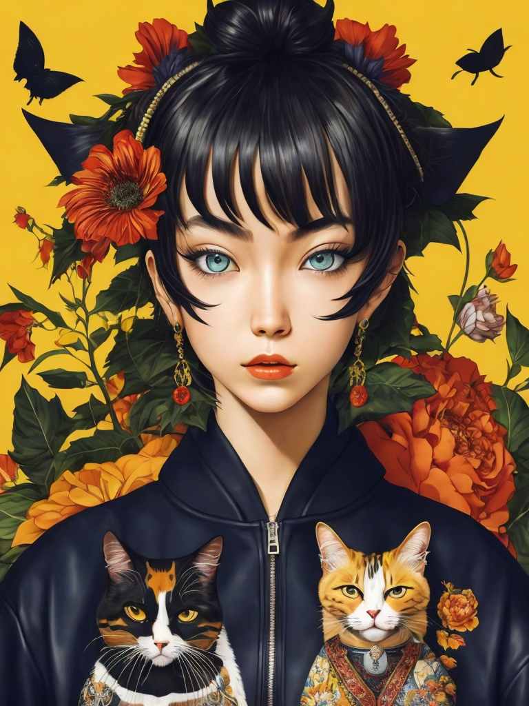 Magazine cover poster, upper portrait of anime girl with cat, ultra detailed, cel shading, artistic, shibuya fashion, harajuku fashion, mucha, frida kahlo, vivid floral oversized sukajan bomber jacket, trends of pixiv, headline, logos labels, badges, graphic design, art by miyazaki hay takashi murakami oda eiichirō