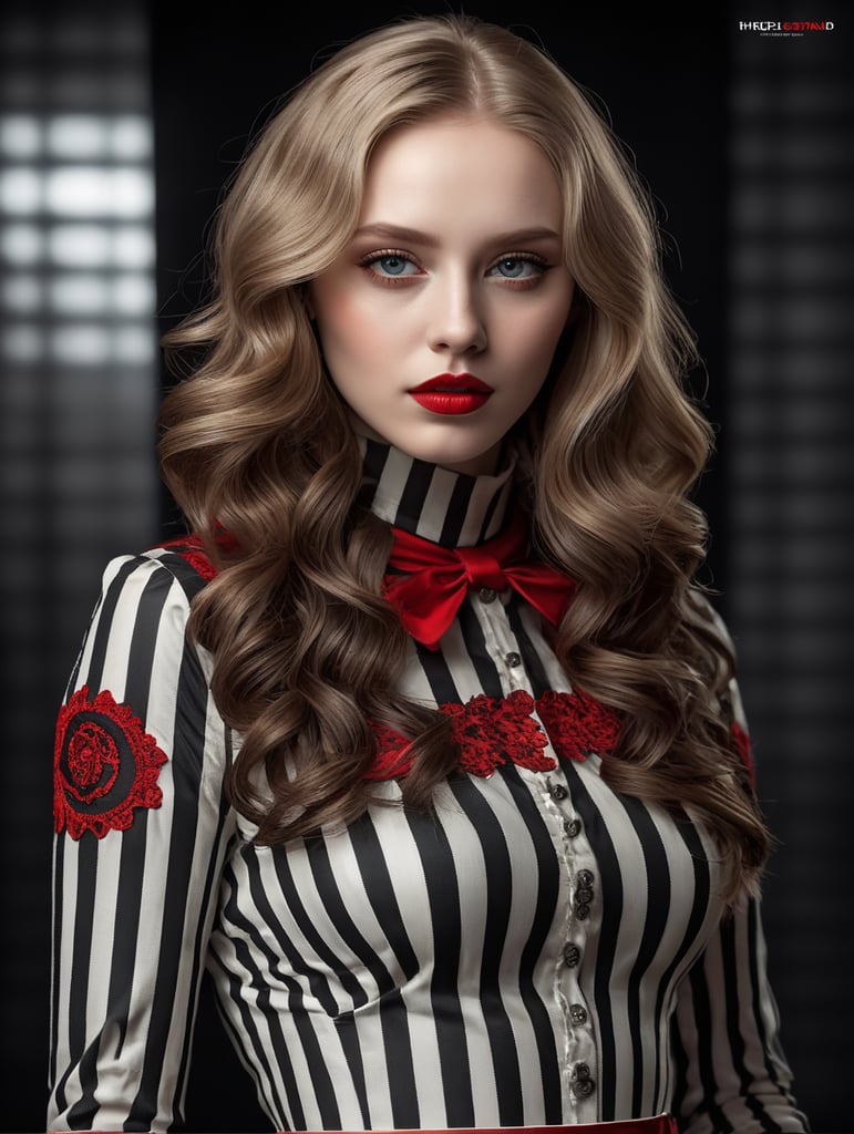 Pale-skinned girl model, wearing a black and white striped dress with a high collar, contrast lighting, Bright red make-up, Black and white curly long hair, fashion model, magazine cover, professional shot, black background